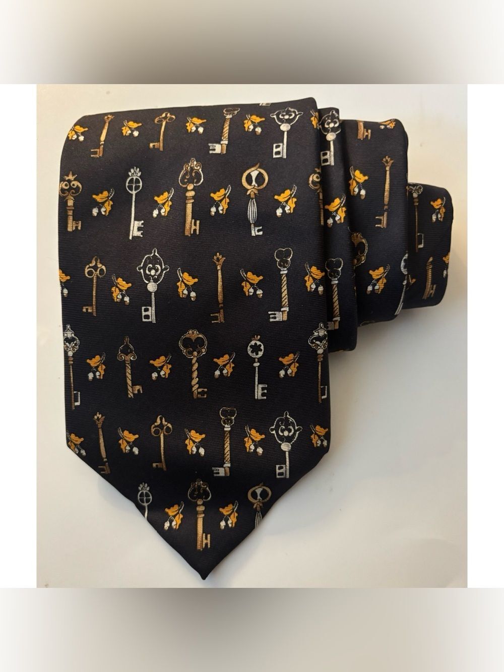 Vintage Longchamp Black Silk Tie with Gold and Silver Key Motif
